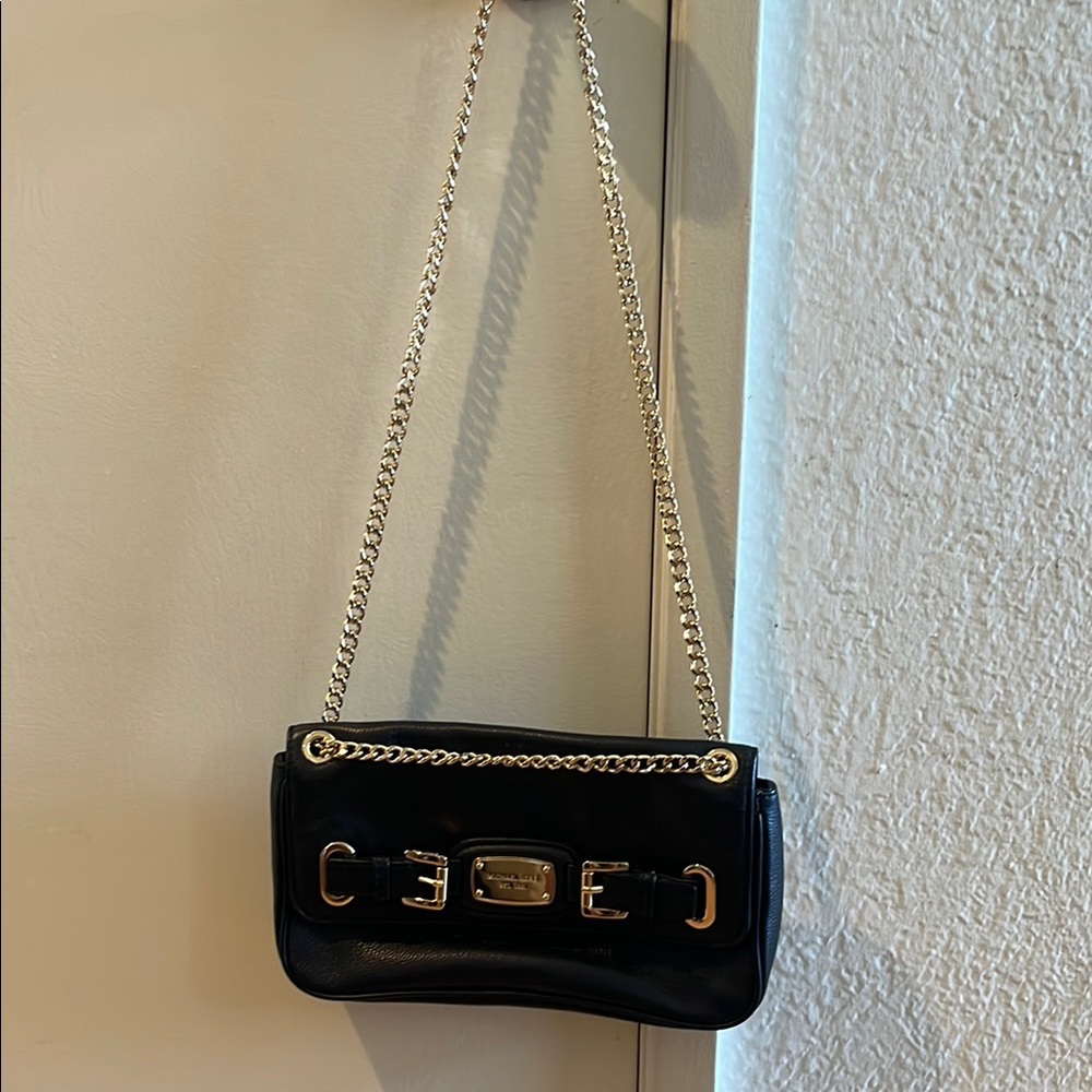Michael Kors Black Leather Shoulder Bag with Gold Chain